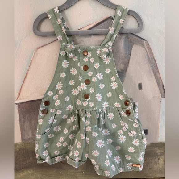 TAHARI GIRL Green Daisy Print Overall Romper Size 3T - Picture 1 of 5